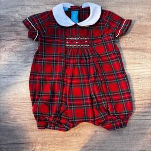 Anavini Baby Girl 9M‎ Red Plaid Smocked Romper Peter Pan Collar Christmas